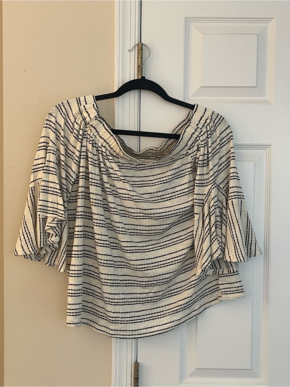 pebble and stone White and Black Striped Off-Shoulder Ruffle Sleeve Top